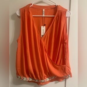 Leshop Orange Sleeveless Wrap Blouse